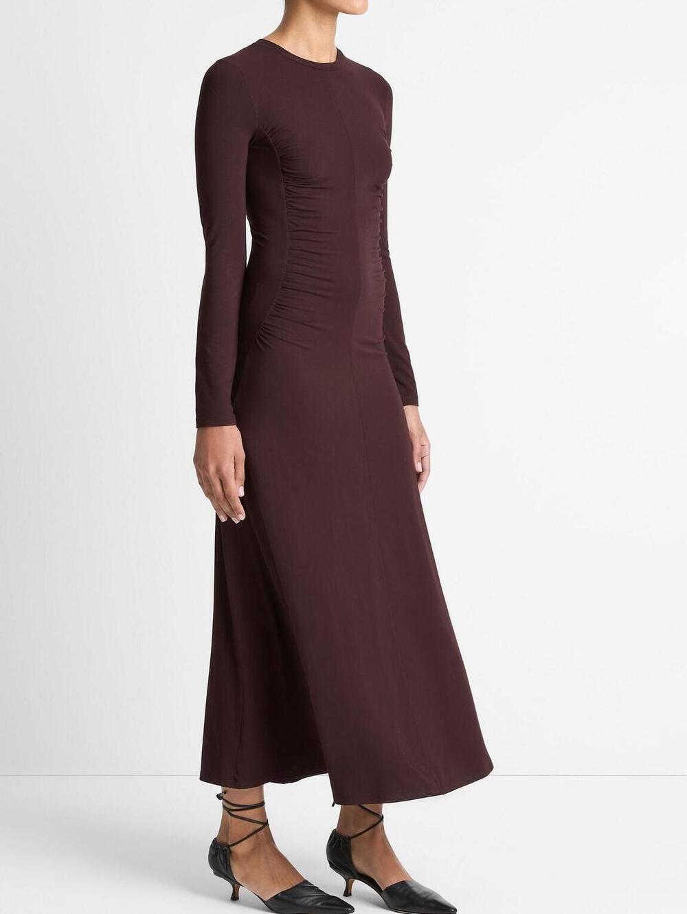 Vince Long Sleeve Ruched Burgandy Midi Dress - Picture 7 of 11